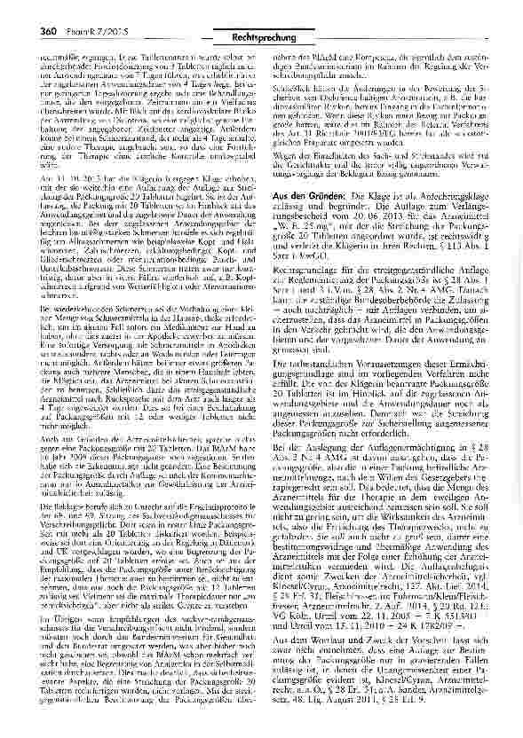 Vorschauseite 2: Zur Zulässigkeit von Packunqsgrößen apothekenpf lichtiger Arzneimittel AMG §§ 28 II Nr. 4, 31; RL 2001/83/EG Art. 31