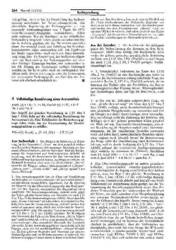Vorschauseite 6: Zur Zulässigkeit von Packunqsgrößen apothekenpf lichtiger Arzneimittel AMG §§ 28 II Nr. 4, 31; RL 2001/83/EG Art. 31