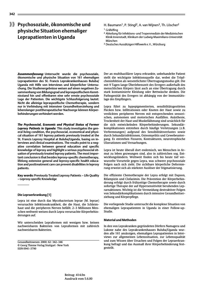 Vorschauseite 1: Psychosoziale, ökonomische und physische Situation ehemaliger Leprapatienten in Uganda