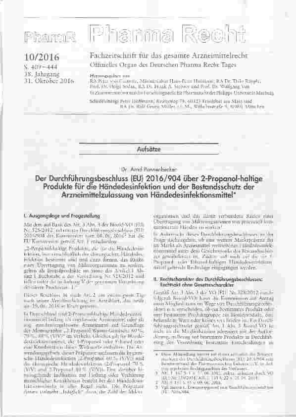 Vorschauseite 1: Der Durchführungsbeschiuss (EU) 2016/904 über 2-Propanolhaltige Produkte für die Händedesinfektion und der Bestandsschutz der Arzneimittelzulassung von Händedesinfektionsmittel