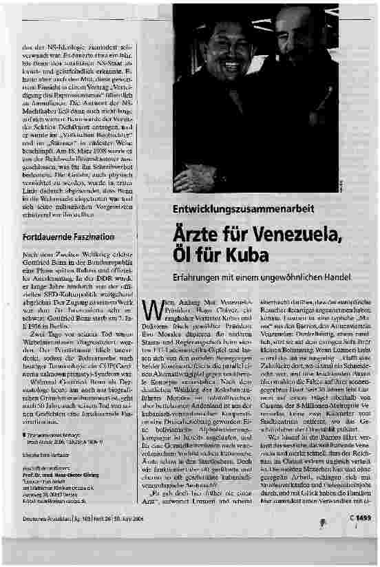 Vorschauseite 1: EntwicklungszusammenarbeitÄrzte für Venezuela, Öl für KubaErfahrungen mit einem ungewöhnlichen Handel