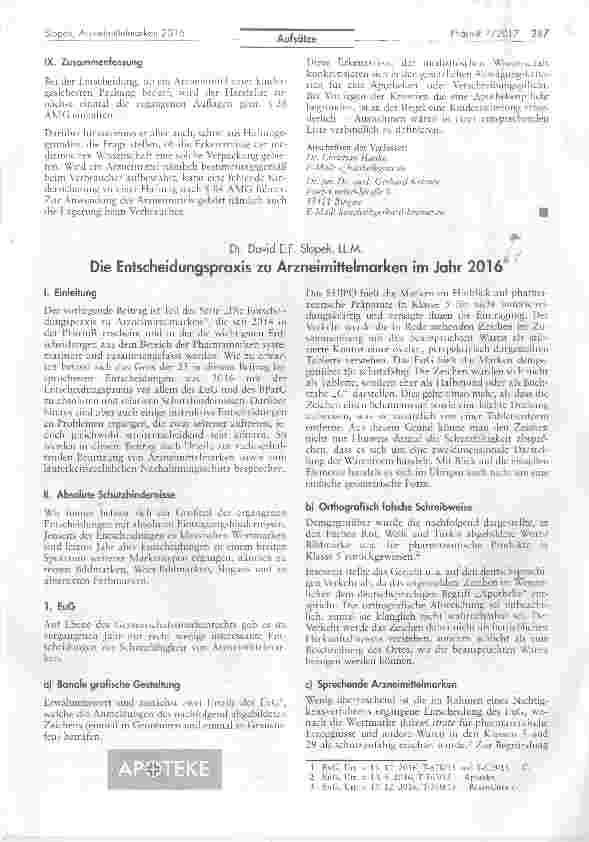 Vorschauseite 1: Die Entscheidungspraxis zu Arzneimittelmarken im Jahr 2016