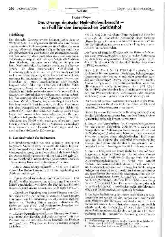 Vorschauseite 1: Das strenge deutsche Heilmittelwerberecht -ein Fall für den Europäischen Gerichtshof