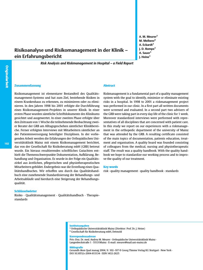 Vorschauseite 1: Risikoanalyse und Risikomanagement in der Klinik - ein Erfahrungsbericht