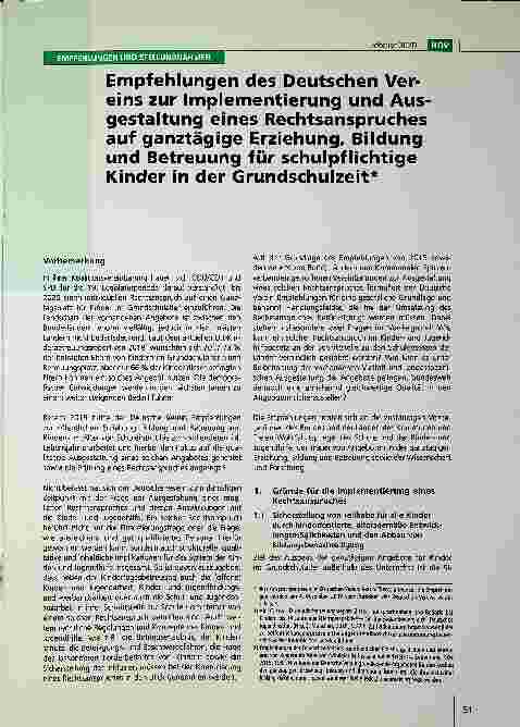 Vorschauseite 1: Empfehlungen des Deutschen Vereins zur Implementierung und Ausgestaltung eines Rechtsanspruchs auf ganztägige Erziehung, Bildung und Betreuung für schulpflichtige Kinder in der Gr…