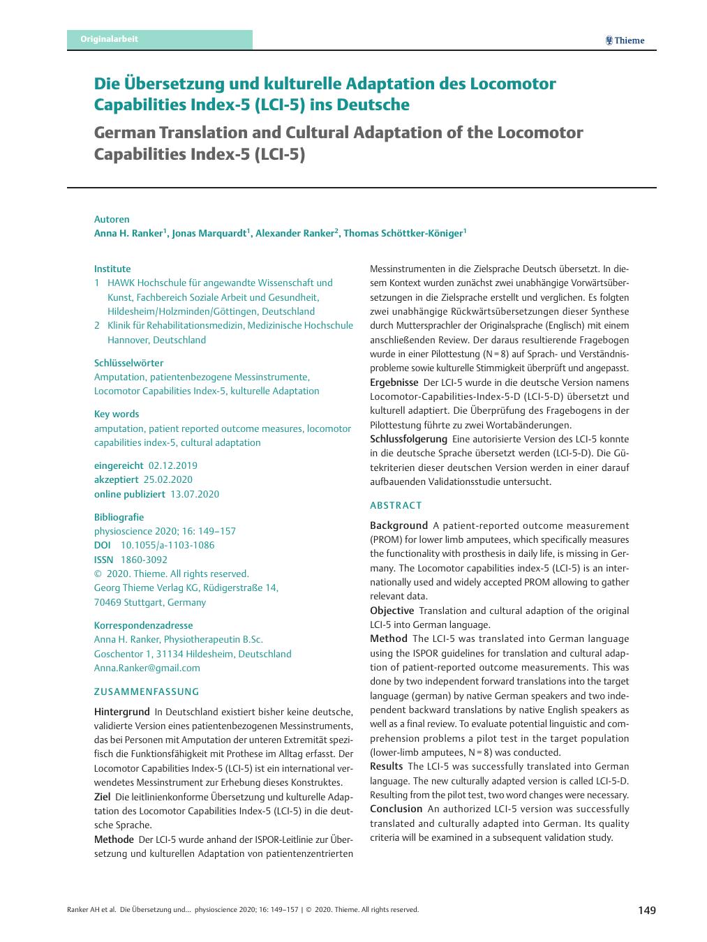 Vorschauseite 1: Die Übersetzung und kulturelle Adaptation des Locomotor Capabilities Index-5 (LCI-5) ins Deutsche.
