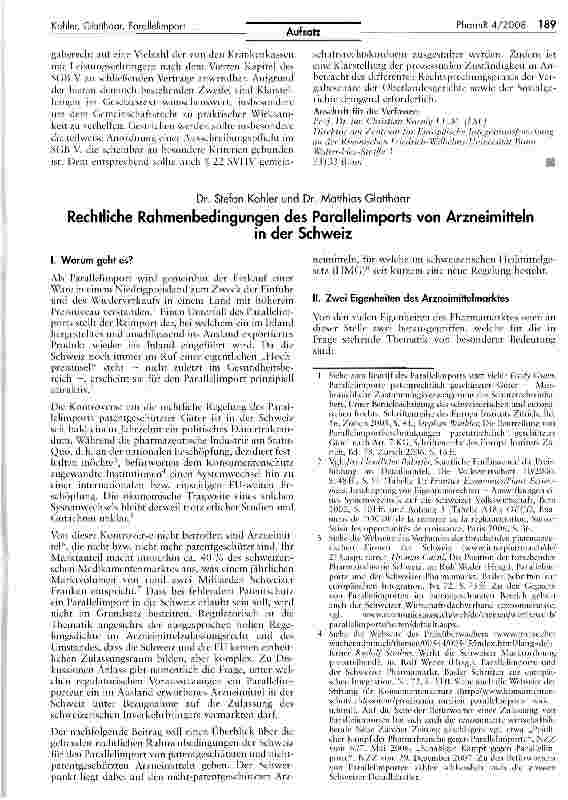 Vorschauseite 1: Rechtliche Rahmenbedingungen des Parallelimports von Arzneimitteln in der Schweiz
