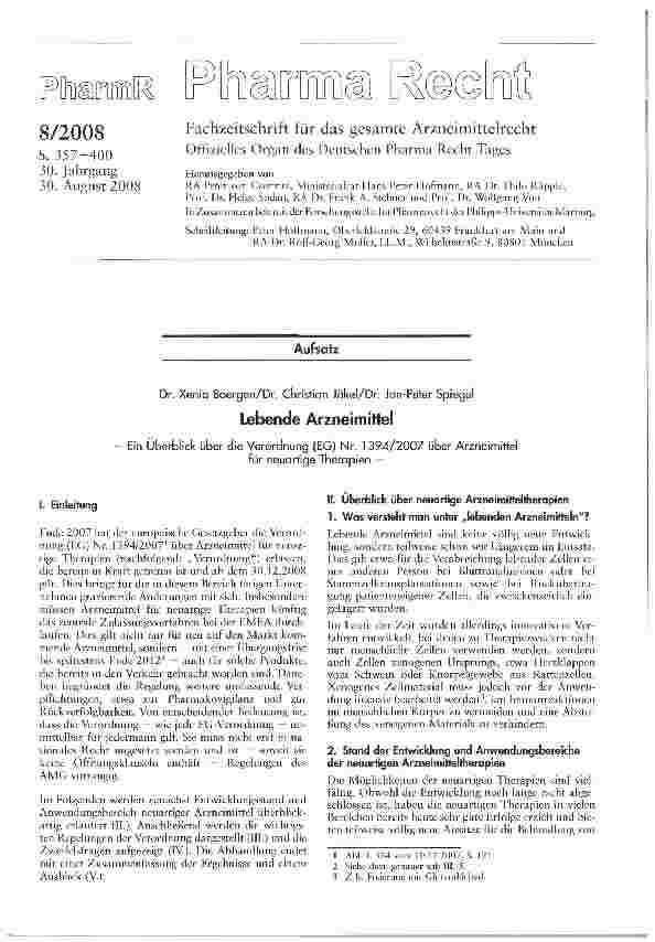 Vorschauseite 1: Lebende ArzneimittelEin Überblick über die Verordnung (EG) Nr. 1394/2007 über Arzneimittel für neuartige Therapien