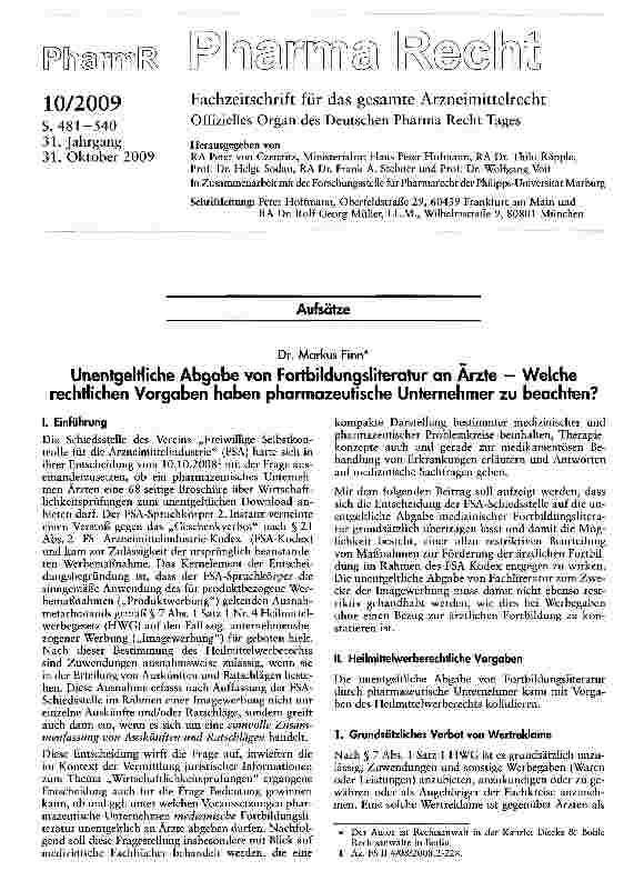 Vorschauseite 1: Unentgeltliche Abgabe von Fortbildungsliteratur an Ärzte — Welche rechtlichen Vorgaben haben pharmazeutische Unternehmer zu beachten?