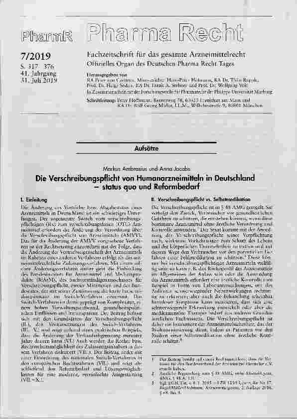 Vorschauseite 1: Die Verschreibungspflicht von Humanarzneimitteln in Deutschland Status quo und Reformbedarf