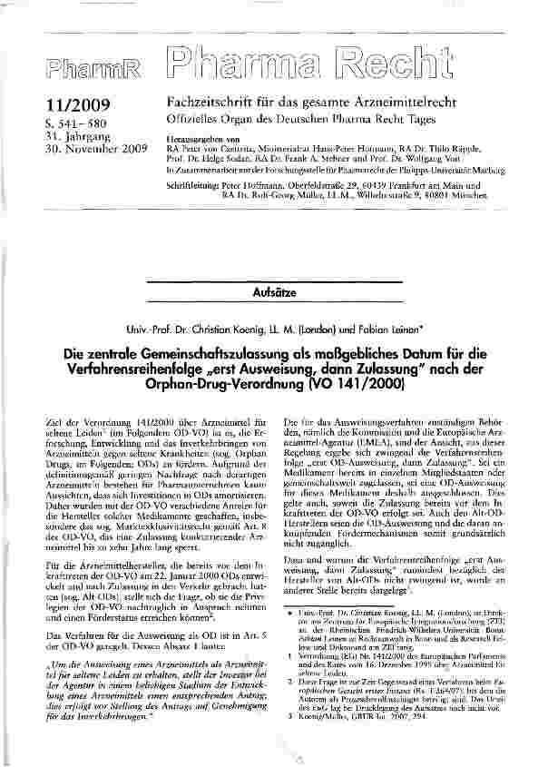 Vorschauseite 1: Die zentrale Gemeinschaftszulassung als maßgebliches Datum für die Verfahrensreihenfolge „erst Ausweisung, dann Zulassung nach der Orphan-Drug-Verordnung (VO 141/2000)