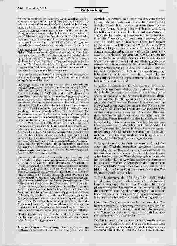 Vorschauseite 2: Anbieten, Ankündigen oder Gewähren von Preisnachlässen auf den Herstellerabgabepreis gegenüber einer in den Niederlanden ansässigen Apotheke UWG §§ 3a, 14 II; AMG § 78 III; AMPrei…