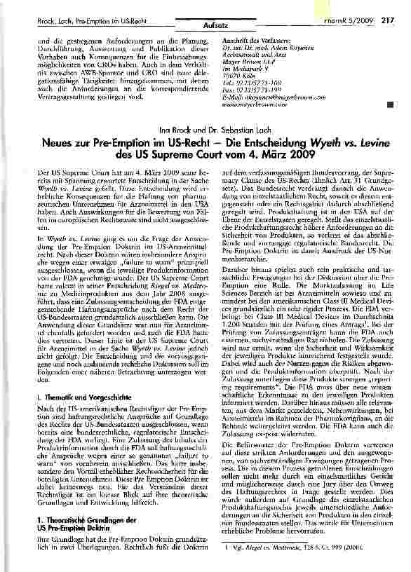 Vorschauseite 1: Neues zur Pre-Emption im US-Recht - Die Entscheidung Wyeth vs. Levine des US Supreme Court vom 4. März 2009