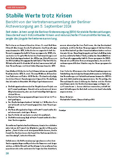 Vorschauseite 1: Stabile Werte trotz Krisen: Bericht von der Vertreterversammlung der Berliner Ärzteversorgung am 5. September 2024.
