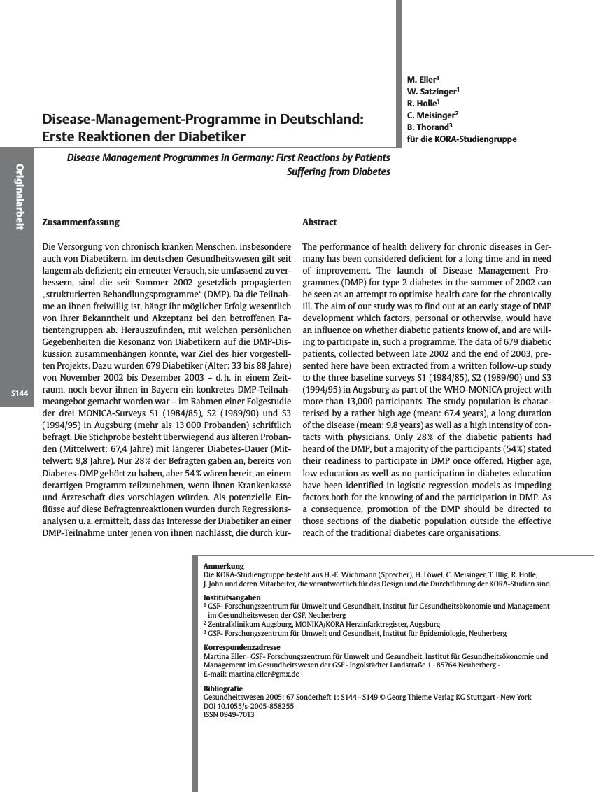 Vorschauseite 1: Disease-Management-Programme in Deutschland: Erste Reaktionen der Diabetiker