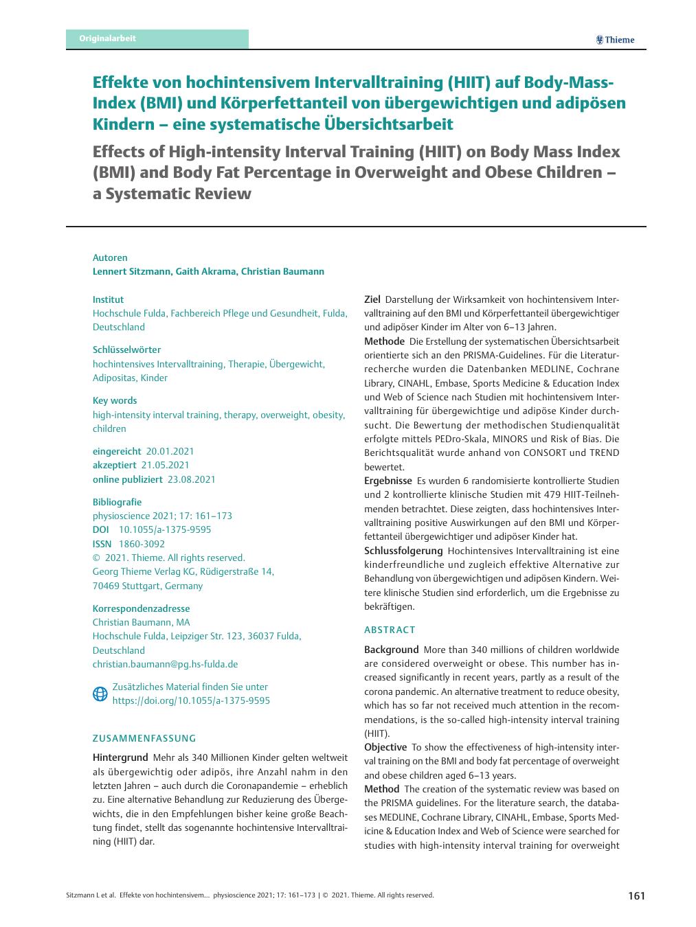 Vorschauseite 1: Effekte von hochintensivem Intervalltraining (HIIT) auf Body-Mass-Index (BMI) und Körperfettanteil von übergewichtigen und adipösen Kindern – eine systematische Übersichtsarbeit