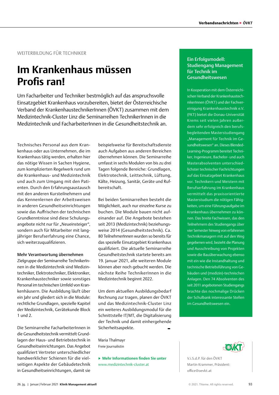 Vorschauseite 1: Weiterbildung für Techniker: Im Krankenhaus müssen Profis ran!