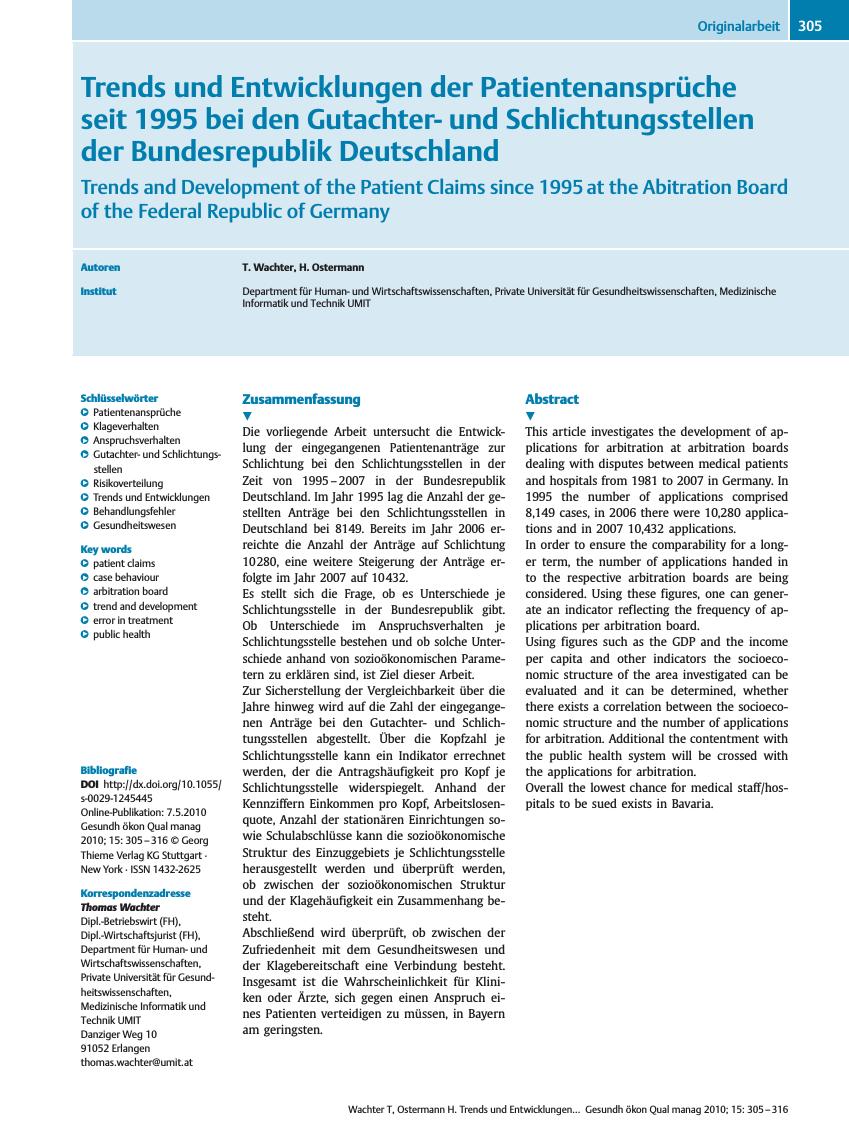 Vorschauseite 1: Trends und Entwicklungen der Patientenansprüche seit 1995 bei den Gutachterund Schlichtungsstellen der Bundesrepublik Deutschland