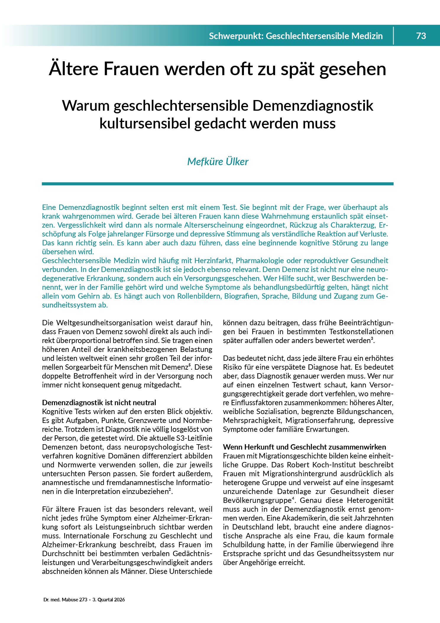 Vorschau: Ältere Frauen werden oft zu spät gesehen. Warum geschlechtersensible Demenzdiagnostik kultursensibel gedacht werden muss
