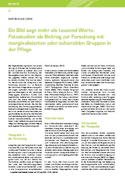 Vorschauseite 1: Ein Bild sagt mehr als tausend Worte. Fotostudien als Beitrag zur Forschung mit marginalisierten oder vulnerablen Gruppen in der Pflege
