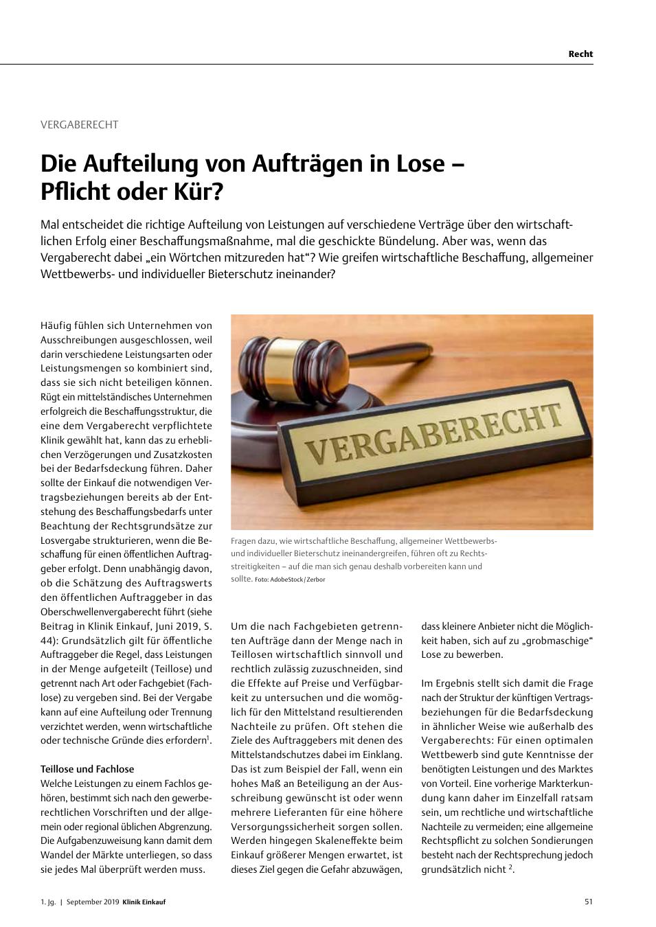 Vorschauseite 1: Vergaberecht: Die Aufteilung von Aufträgen in Lose? Pflicht oder Kür?