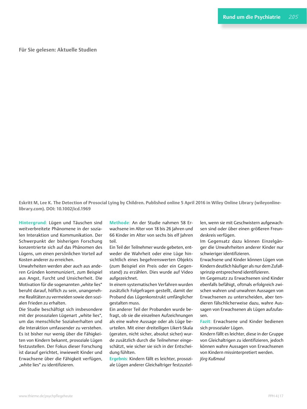 Vorschauseite 1: Für Sie gelesen: Eskritt M, Lee K. The Detection of Prosocial Lying by Children
