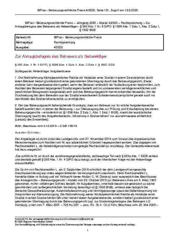 Vorschauseite 1: Zur Antragsbefugnis des Betreuers als Nebenkläger § 395 Abs. 1 Nr. 4 StPO; § 1896 Abs. 1 Satz 1, Abs. 2 Satz 1, § 1902 BGB