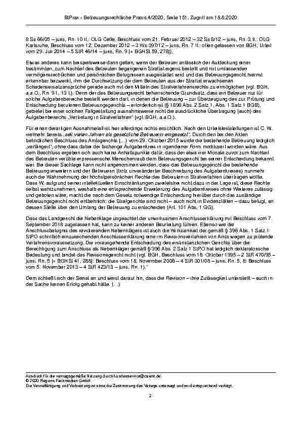 Vorschauseite 2: Zur Antragsbefugnis des Betreuers als Nebenkläger § 395 Abs. 1 Nr. 4 StPO; § 1896 Abs. 1 Satz 1, Abs. 2 Satz 1, § 1902 BGB