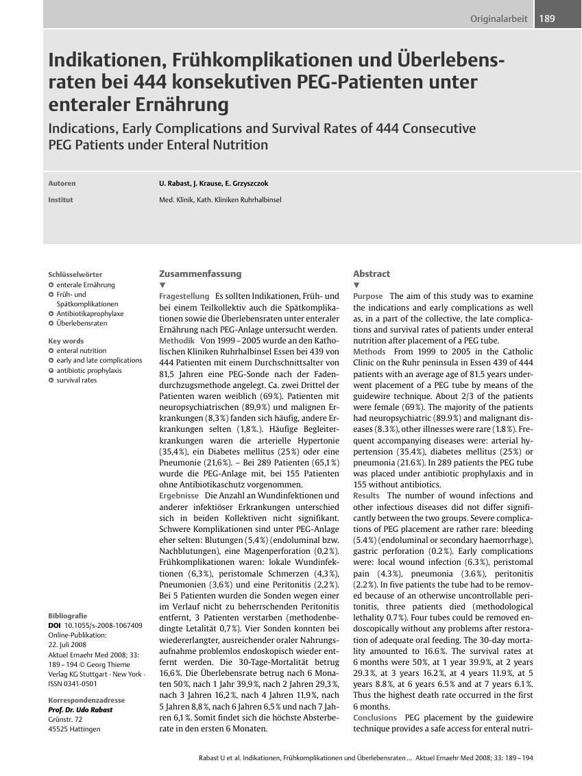Vorschauseite 1: Indikationen, Frühkomplikationen und Überlebensraten bei 444 konsekutiven PEG-Patienten unter enteraler Ernährung