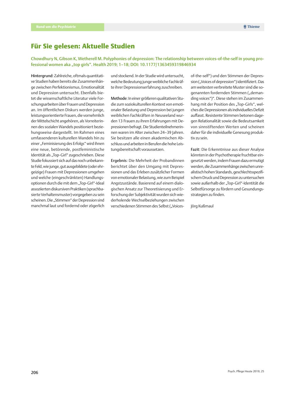Vorschauseite 1: Für Sie gelesen: Aktuelle Studien: Chowdhury N, Gibson K, Wetherell M. Polyphonies of depression: The relationship between voices-of-the-self in young professional women aka ?top…