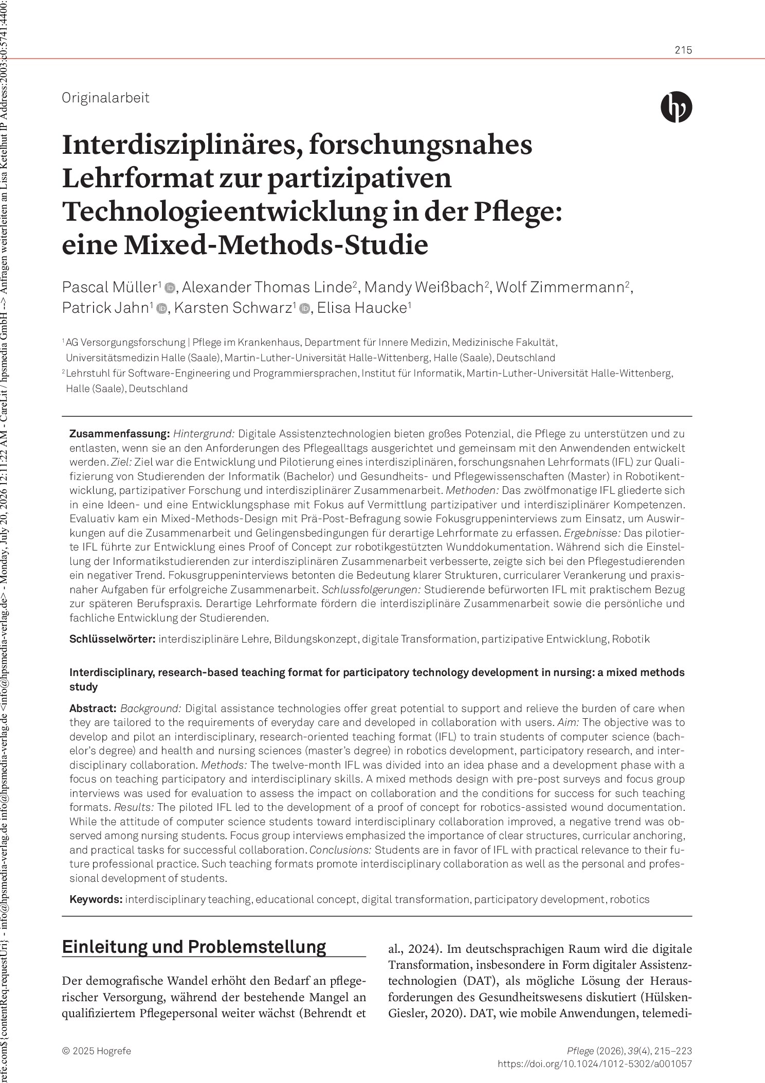 Vorschauseite 1: Interdisziplinäres, forschungsnahes Lehrformat zur partizipativen Technologieentwicklung in der Pflege: Eine Mixed-Methods-Studie