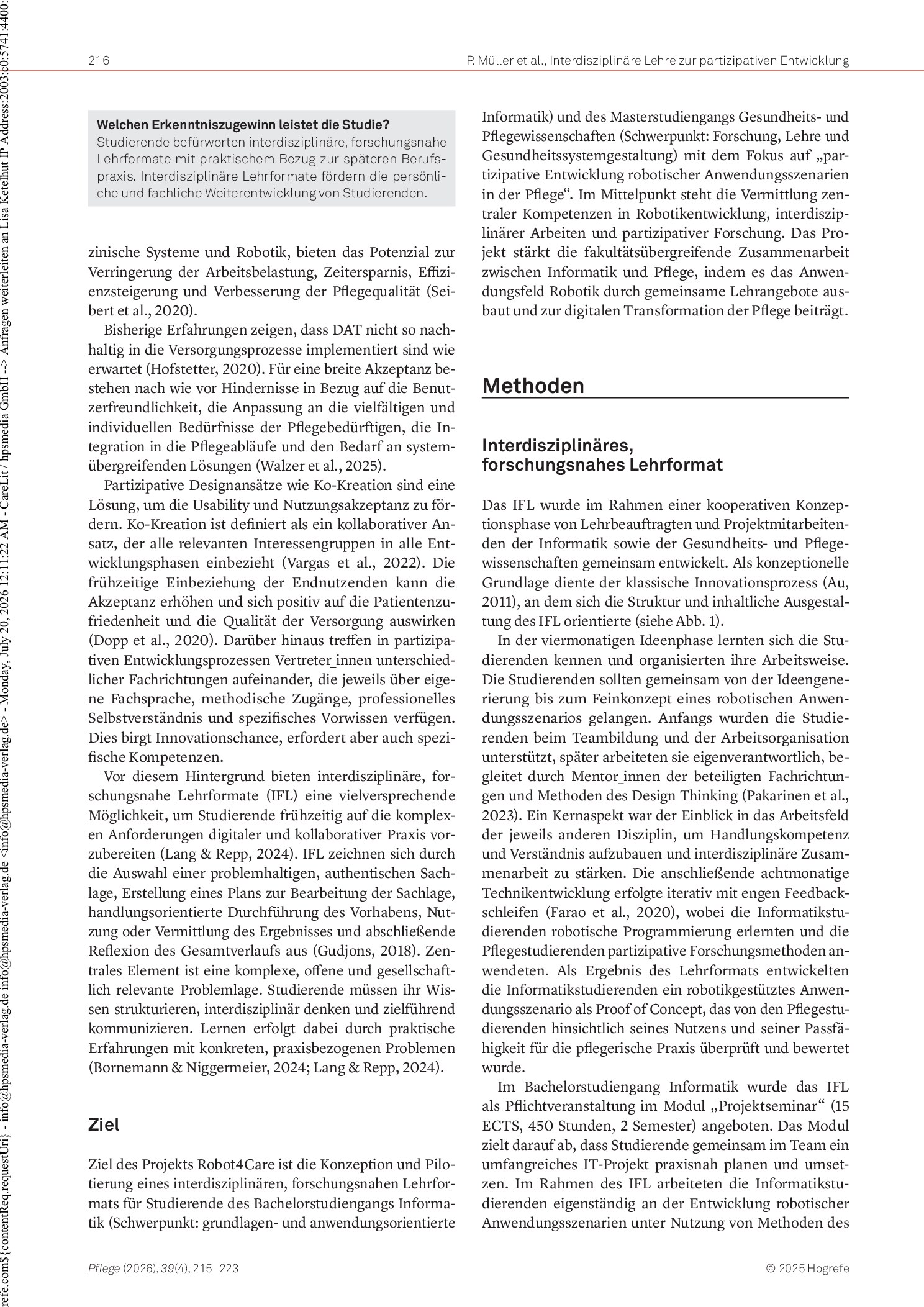 Vorschauseite 2: Interdisziplinäres, forschungsnahes Lehrformat zur partizipativen Technologieentwicklung in der Pflege: Eine Mixed-Methods-Studie