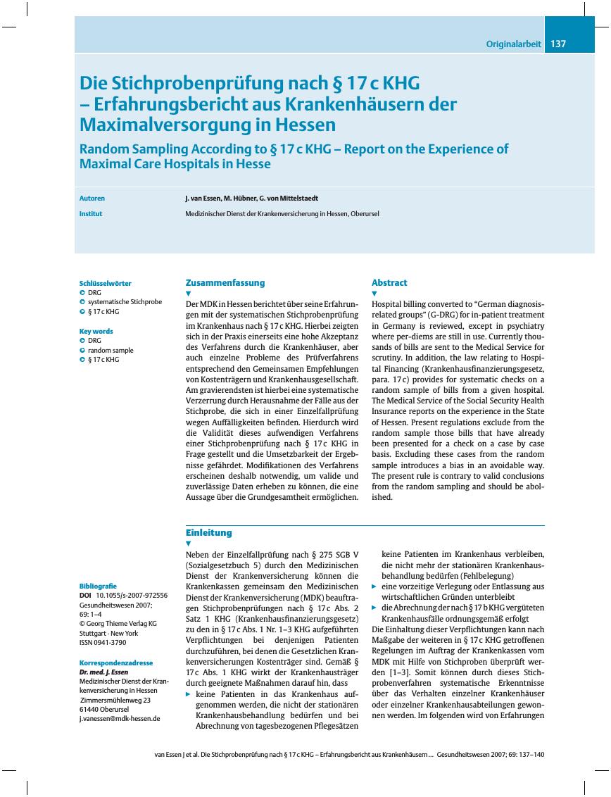 Vorschauseite 1: Die Stichprobenprüfung nach § 17 c KHG - Erfahrungsbericht aus Krankenhäusern der Maximalversorgung in Hessen