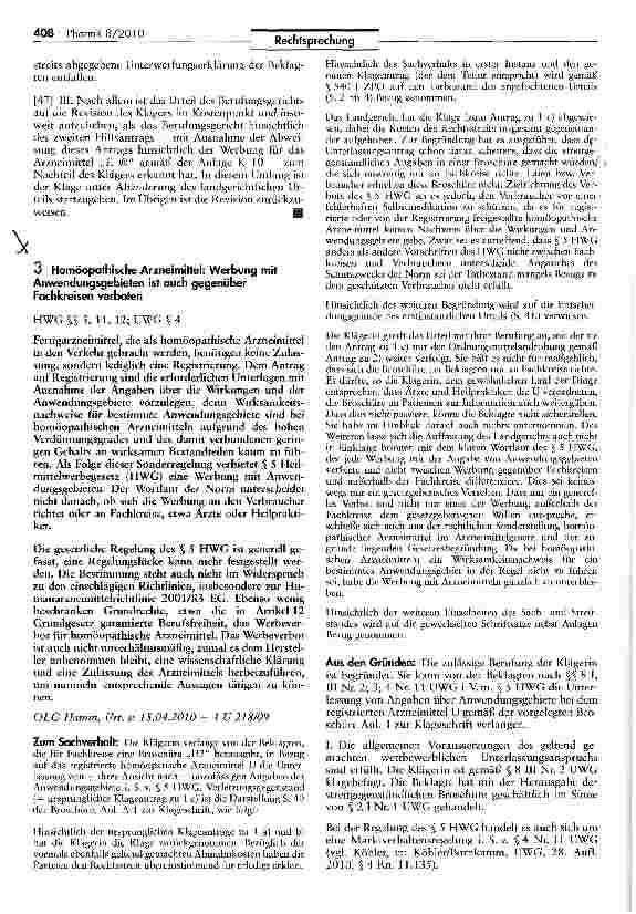 Vorschauseite 1: Homöopathische Arzneimittel: Werbung mit Anwendungsgebieten ist auch gegenüber Fachkreisen verboten HWG SS 5, 11, 12; UWG $ 4