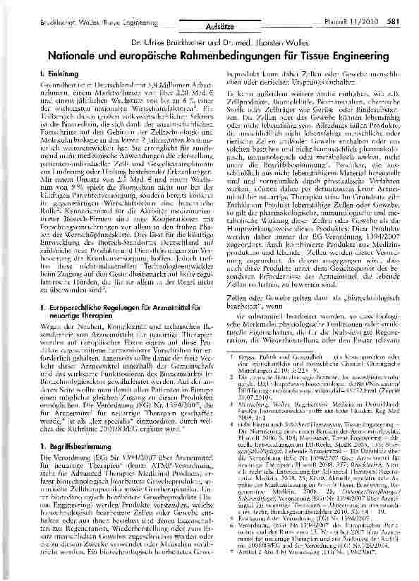 Vorschauseite 1: Nationale und europäische Rahmenbedingungen für Tissue Engineering