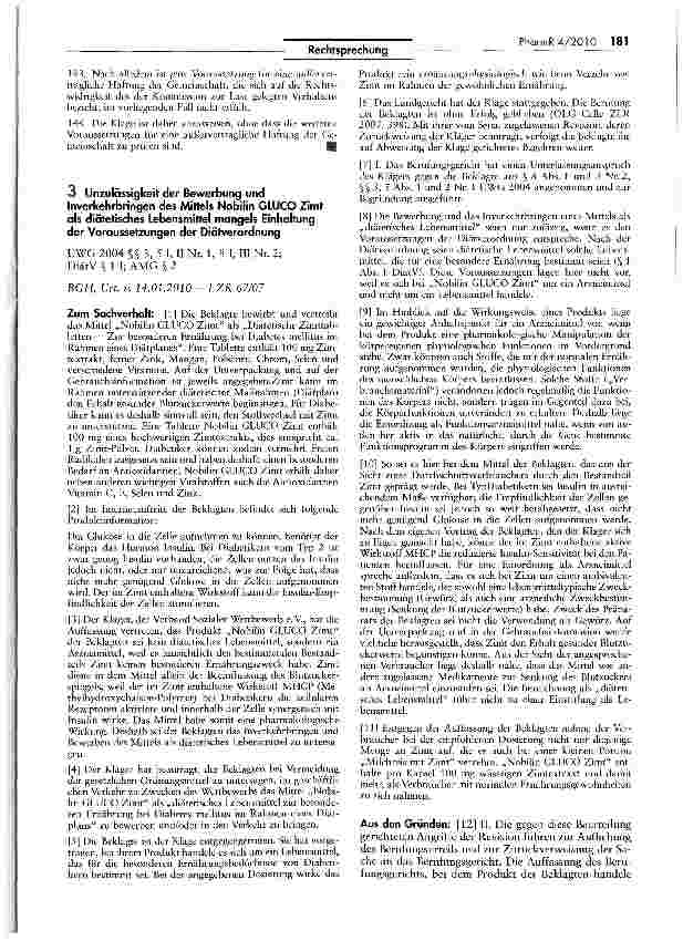 Vorschauseite 1: Unzulässigkeit der Bewerbung und Inverkehrbringen des Mittels Nobilin GLUCO Zimt als diätetisches Lebensmittel mangels Einhaltung der Voraussetzungen der Diätverordnung