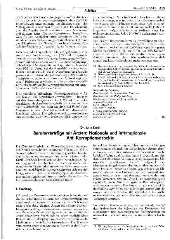 Vorschauseite 1: Beraterverträge mit Ärzten: Nationale und internationale Anti-Korruptionsaspekte