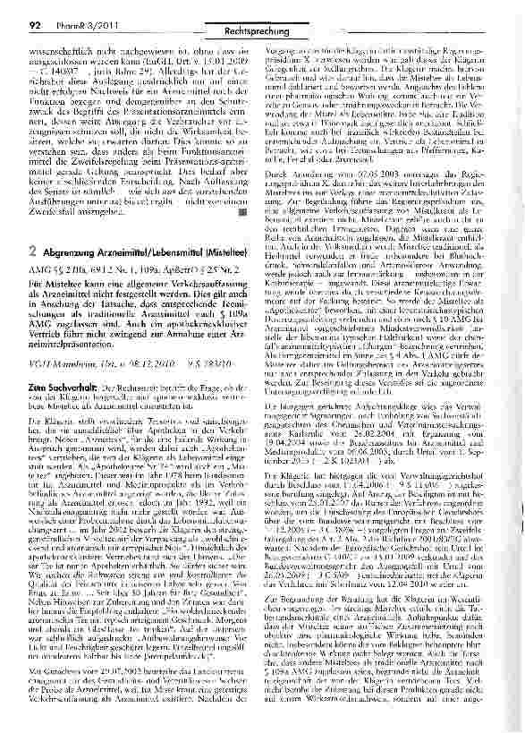 Vorschauseite 1: Abgrenzung Arzneimittel/Lebensmittel (Misteltee)AMG §§ 2 lila, 69 I 2 Nr. 1, 109a; ApBetrO § 25 Nr. 2