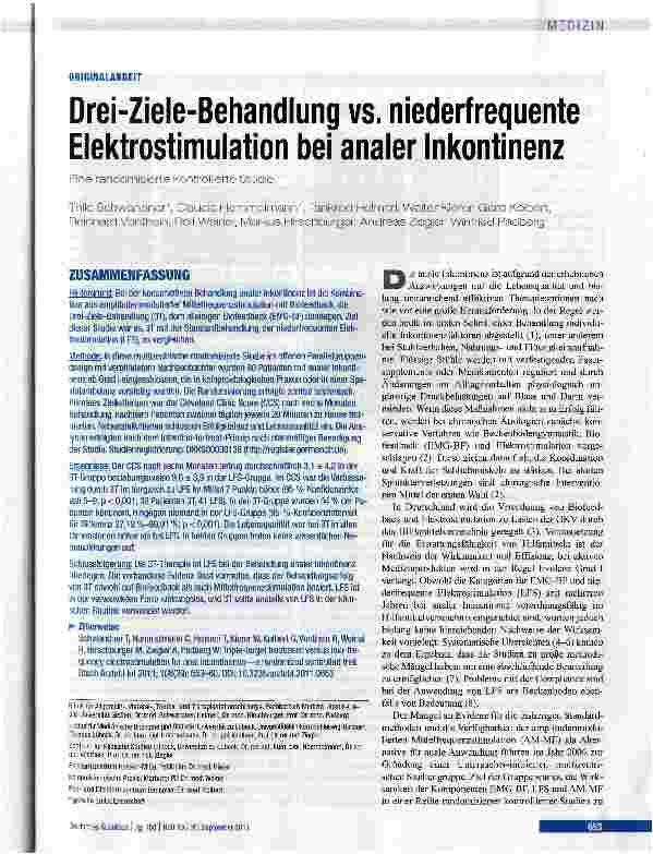 Vorschauseite 1: Drei-Ziele-Behandlung vs. niederfrequente Elektrostimulation bei analer Inkontinenz