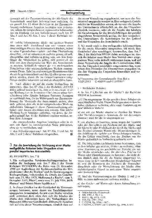 Vorschauseite 1: Für die Beurteilung der Verletzung einer Marke maßgebliche Kriterien beim Umpacken eines parallel importierten Arzneimittels