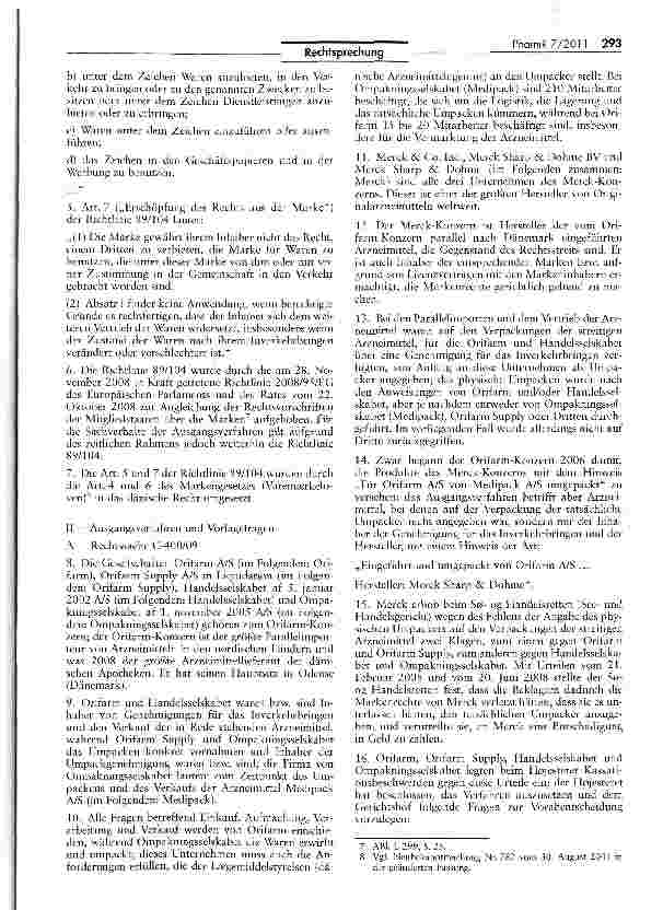 Vorschauseite 2: Für die Beurteilung der Verletzung einer Marke maßgebliche Kriterien beim Umpacken eines parallel importierten Arzneimittels