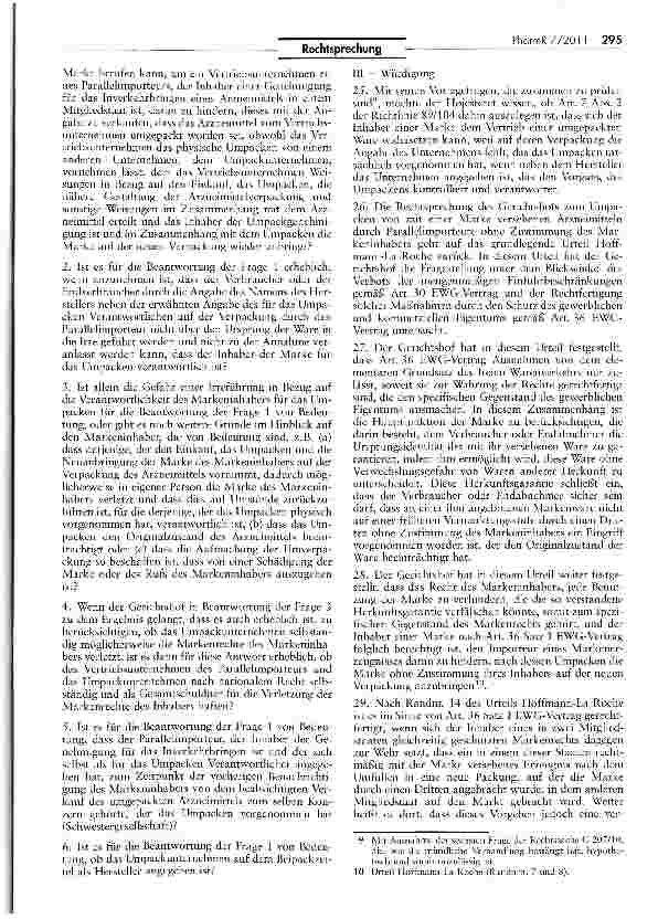 Vorschauseite 4: Für die Beurteilung der Verletzung einer Marke maßgebliche Kriterien beim Umpacken eines parallel importierten Arzneimittels