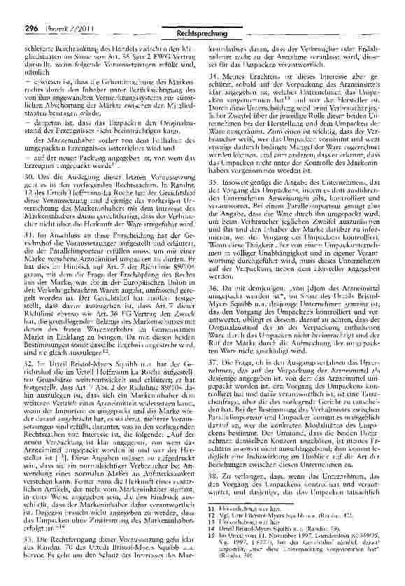 Vorschauseite 5: Für die Beurteilung der Verletzung einer Marke maßgebliche Kriterien beim Umpacken eines parallel importierten Arzneimittels