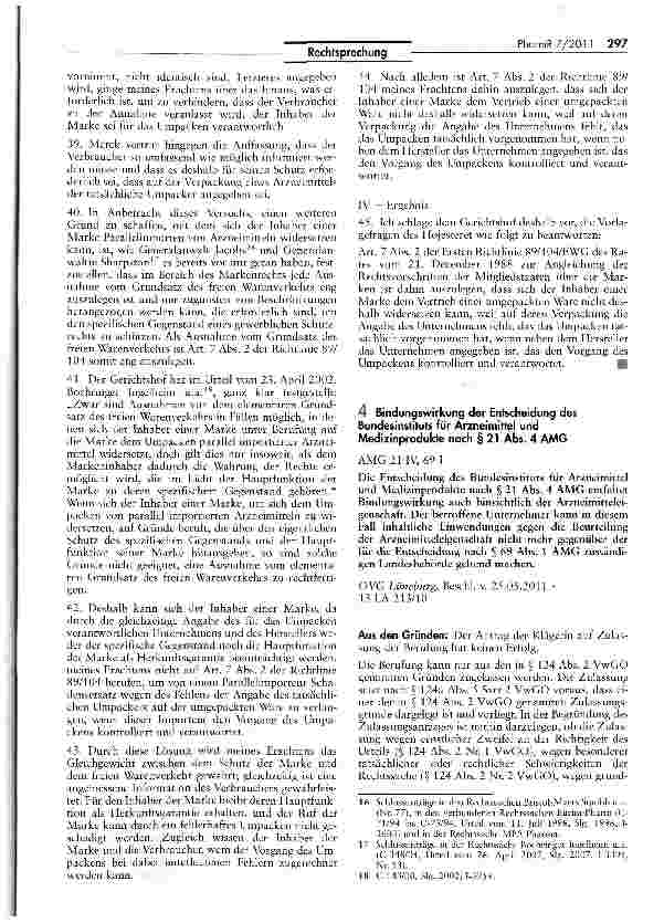 Vorschauseite 6: Für die Beurteilung der Verletzung einer Marke maßgebliche Kriterien beim Umpacken eines parallel importierten Arzneimittels