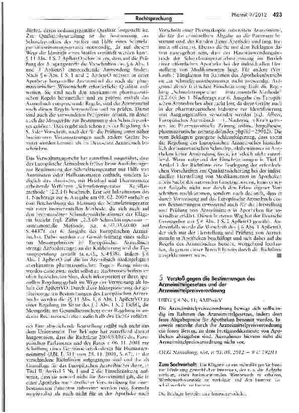Vorschauseite 6: Zur Benutzung automatischer Schmelztemperaturbestimmungsgeräte in Apotheken MPG-ÄndG Art 7 Nr 1 lit b; AMG § 55; ApBctrO S$ 6 I-III, 11 I; EichG § 2 I-III, 1 8, 25 I; MPG § 3; NSO…