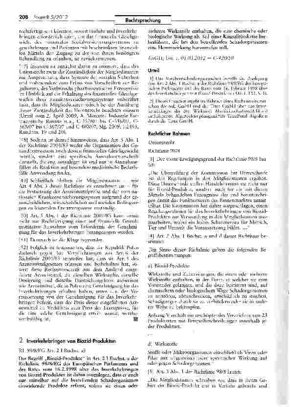 Vorschauseite 1: Inverkehrbringen von Biozid-Produkten RL 98/8/EG Art. 2 I Buchst, a)