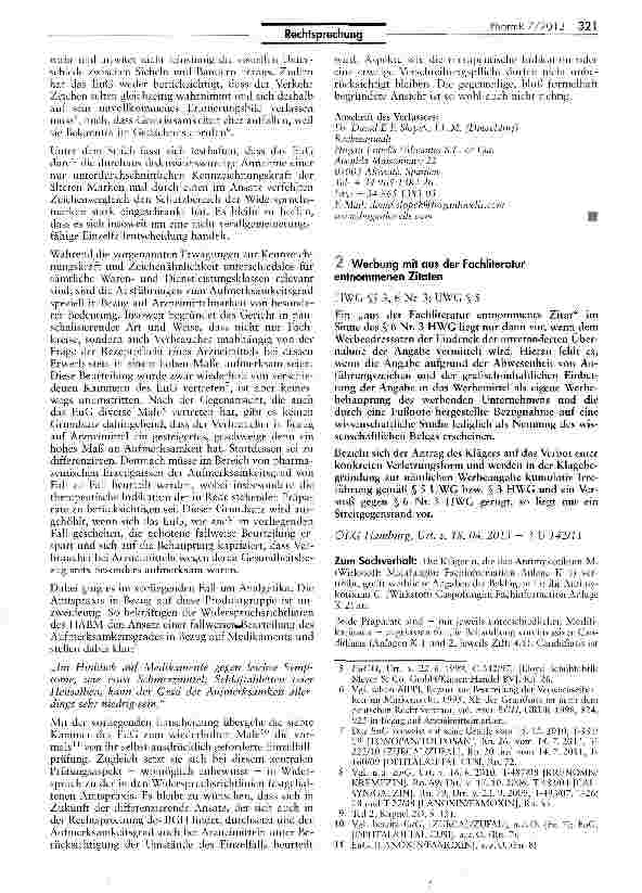Vorschauseite 1: Werbung mit aus der Fachliteratur entnommenen Zitaten HWG $S 3, 6 Nr. 3; UWG § 5