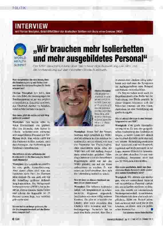 Vorschauseite 1: „Wir brauchen mehr Isolierbetten und mehr ausgebildetes Personal