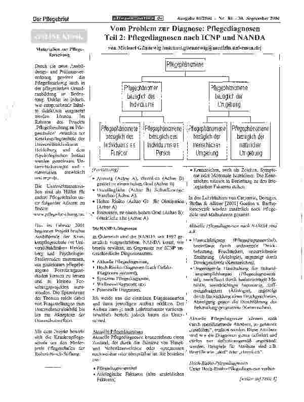 Vorschauseite 1: Vom Problem zur Diagnose: Pflegediagnosen Teil 2: Pflegediagnosen nach ICNP und NANDA