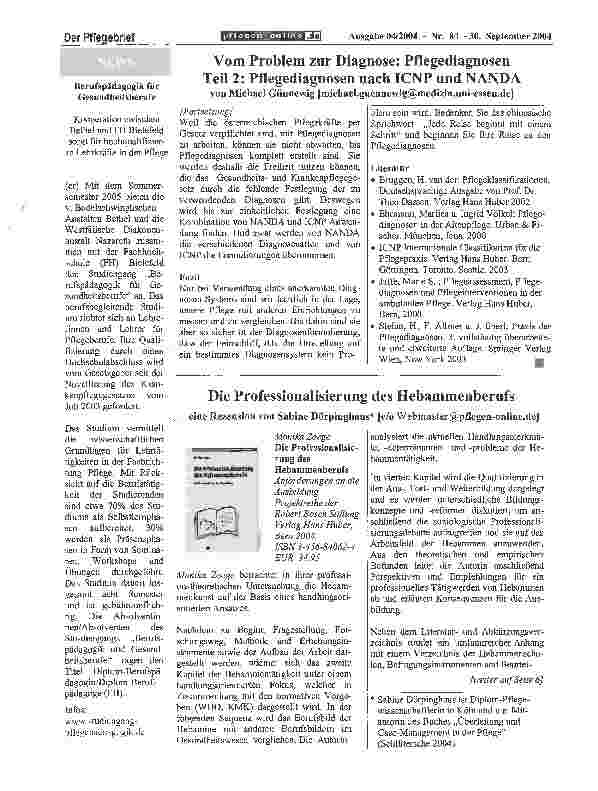 Vorschauseite 3: Vom Problem zur Diagnose: Pflegediagnosen Teil 2: Pflegediagnosen nach ICNP und NANDA